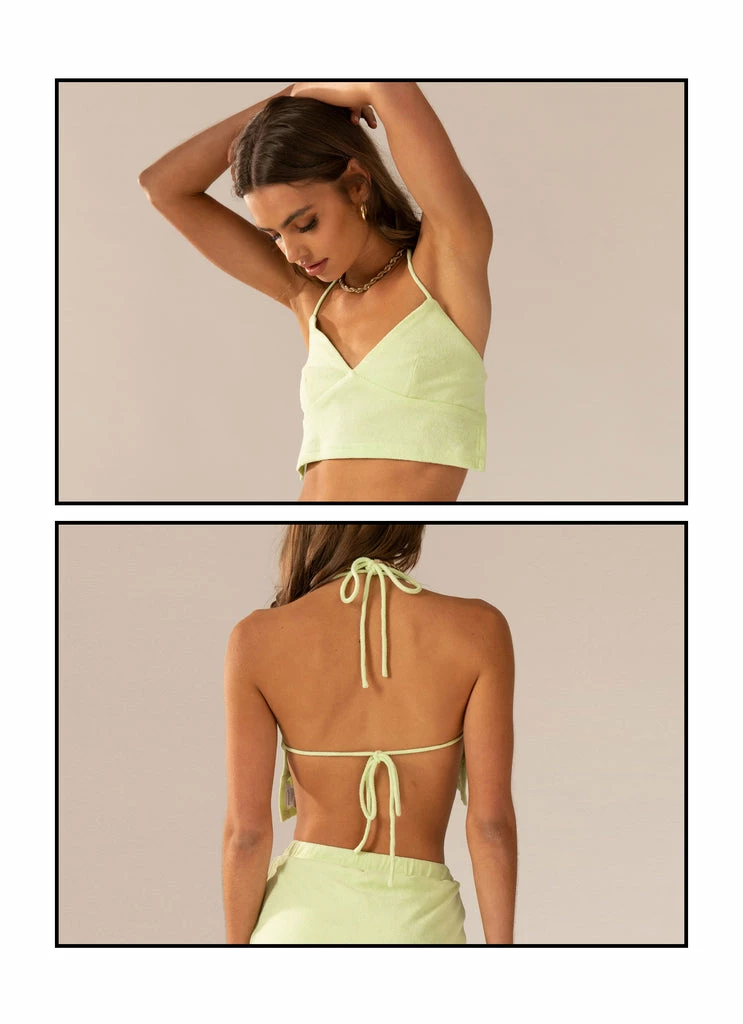 Peppermayo Exclusive - Warmer Water Terry Halter Crop - Lime Green