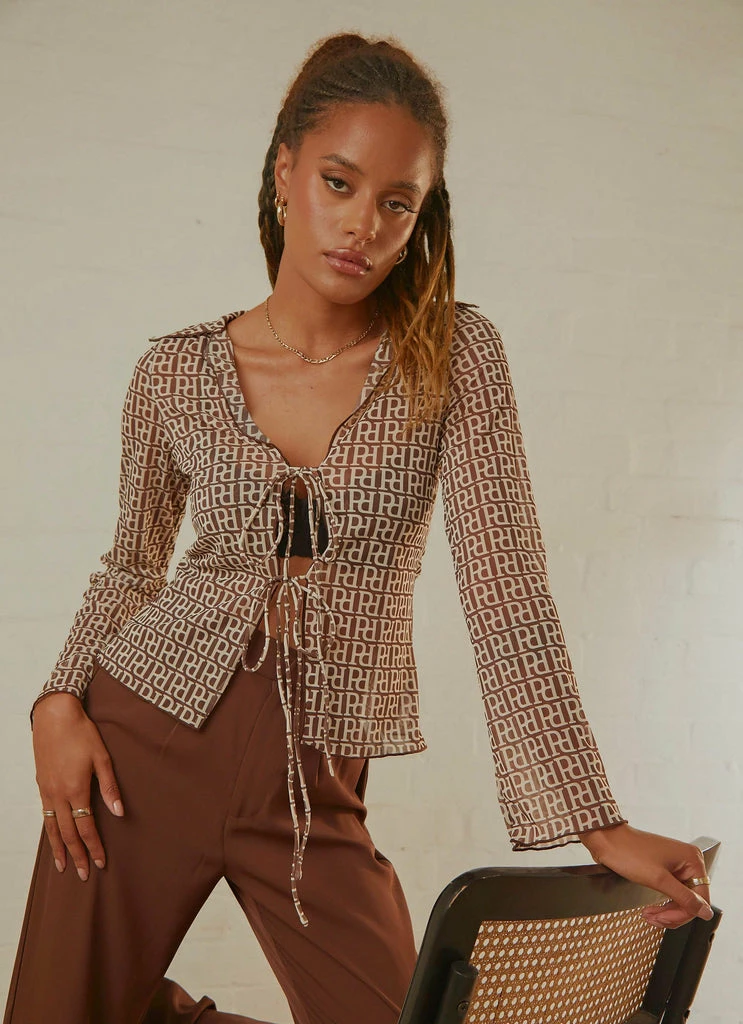 Peppermayo Exclusive - Parisian Balcony Tie Top - Choc Logomania